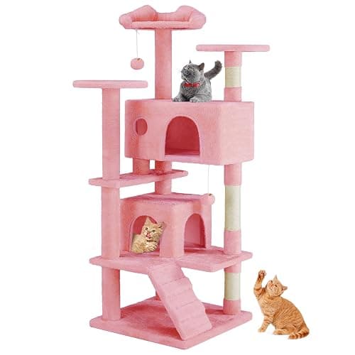 Sweetcrispy 54 Inch Cat Tree Tower, Multi-Level with Cat Scratching Post, Indoor Cat Condo with Climbing Ladder, Plush Toy, Play House for Cat, Pink - Image 1