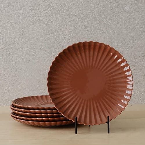 WENSHUO Daisy Plates Set of 6, 9-inch Round, Melted Caramel Color (Appetizer Plate),Modern Ceramic Dinner Plate Set,Microwave/Dishwasher Safe, Scratch Resistant - Image 1