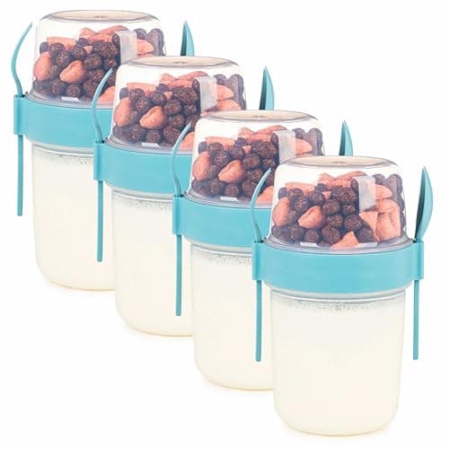 EYNEL 4 Pack On The Go 22 oz Breakfast Cups with Lids and Spoon, Reusable Cereal Yogurt Cup with Topping Plastic Overnight Oats Container for Granola Oatmeal (22 oz - Turquoise- 4 Pack) - Image 1