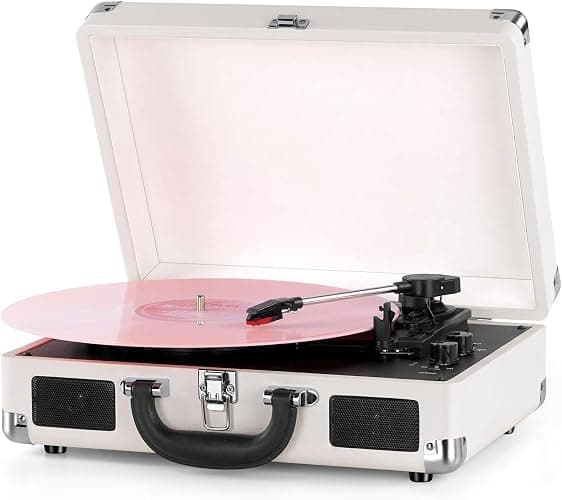 Vinyl Record Player Bluetooth 3-Speed Portable Vintage Suitcase with Built-in Speakers, RCA Line Out AUX in Headphone Jack Vintage Turntable, White - Image 1