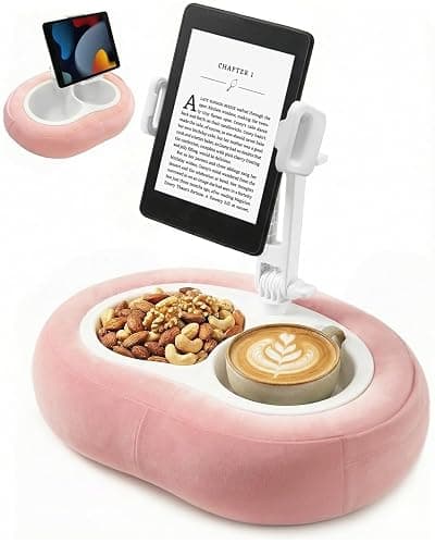 Miledi Tablet Pillow Stand for Bed with 360° Rotating Holder, Pink | Compatible with Kindle, iPad, Phone and Tablet 5" to 12.9", Soft Plush Fabric, with 2 Snack Bowls, for Reading and Relaxing - Image 1