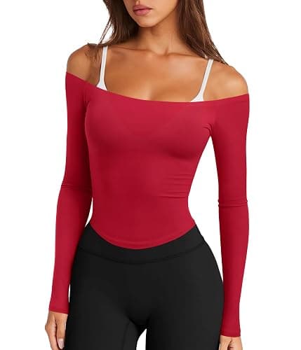 LASLULU Womens Sexy Off The Shoulder Long Sleeve Workout Tops Strapless T Shirts Crop Top Casual Fall Outfits - Image 1