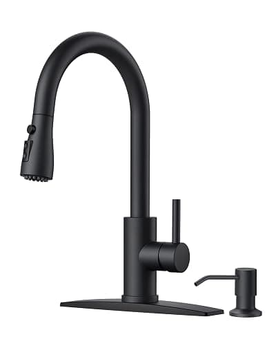 FORIOUS Black Kitchen Faucet with Soap Dispenser and Pull Down Sprayer, Bar High Arc Single Handle Classic 3 Modes Stainless Steel Faucet for Kitchen Sink Farmhouse RV Laundry Camper - Image 1