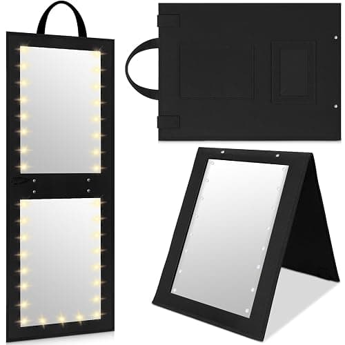 Maysing 1 Pack Foldable Full Length Travel Mirror with Full Light 25.2x11.8 Inch Foldable Hanging Backstage Mirror LED Double Side Lights for Travel Camping Dance Competition Home Fitness Gift(Black) - Image 1