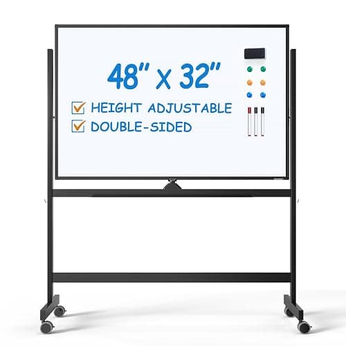 TSJ OFFICE Large Rolling Whiteboard - Dry Erase Magnetic 48 x 32 Inches White Board Height Adjust Double Sides Mobile Portable Easel on Wheels, Dry Erase Board with Stand for Office, Home & Classroom - Image 1