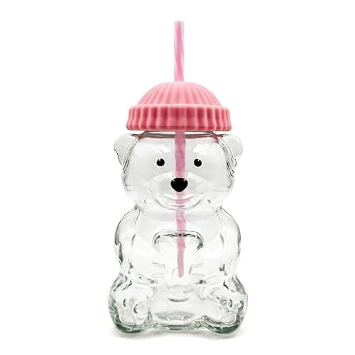 Krewchton Glass Bear Cup,Bear Cup with Straw, 500ml Reusable Bear Glass Tumbler with Lid for Iced Coffee, Milk Tea, and Cocktails, Dishwasher Safe(Pink) - Image 1