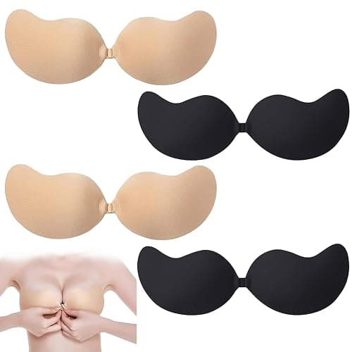 BFSYRR Stick On Bra, Strapless Push Up Bra, 4 Pairs of Black and Skin Color Sticky Bra for Women, Stick On Bra Push Up for Low Cut Dress Weddings Parties Dances - Image 1
