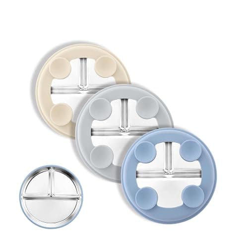Bakpoco Stainless Steel Suction Plates for Toddlers, 8" Divided Kids Baby Plates with Removable Silicone Suction, Non Toxic Non Slip Portion Control Snack Dishes 3 Packs, Blue Gray Beige - Image 1
