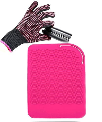 Heat Resistant Glove with Heat Resistant Mat for Curling Iron, Hair Straightener, Flat Irons, Silicone Bump Glove, 9” x 6.5” Food Grade Silicone Mat, Pink - Image 1