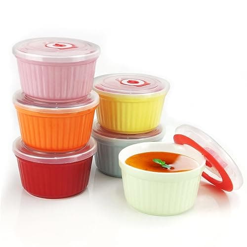 Ramekins with Lids 8 Oz - Set of 6, Ceramic Souffle Creme Brulee Ramekins with Covers, Colorful Custard Cups for Baking, Ceramic Custard Cups Safe and Dishwash Safe - Image 1