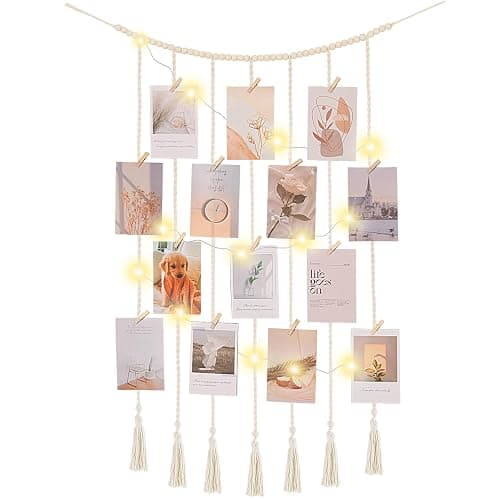 Poefditev Macrame Hanging Photo Display Boho Wall Decor with String Lights Wooden Beads Garland Picture Frame Collage Holder with 30 Clips for Room, Bedroom, Dorm, Christmas Teenage Teen Girl Gifts (Beige, Medium) - Image 1