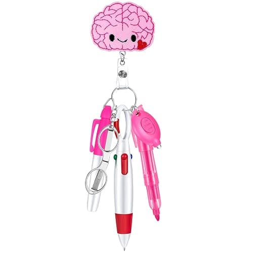 Sieral 6 Pcs Nurse Badge Accessories Include Permanent Marker Pen Highlighter Extendable Ballpoint Pen Foldable Scissors LED Flashlight Keychain Retractable Nurse Badge Clip (Pink,Cute) - Image 1