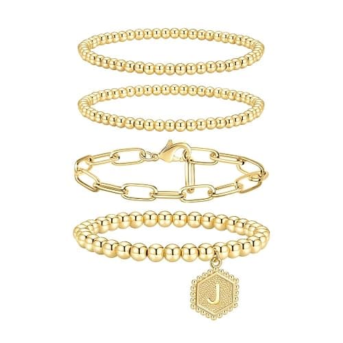 doubgood Gold Bracelets for Women, 14K Gold Plated Stackable Initial Beaded Bracelet with Letter Pendant Waterproof Stretch Trendy Stack Jewelry Set Gifts for Women - Image 1