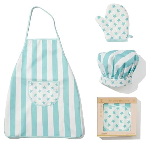 Kid Apron and Chef Hat Set, 3 Pcs Children Cooking Baking Set Kits Role Play Chef Toy Kid Cooking Gift for Girls Boys (Blue) - Image 1