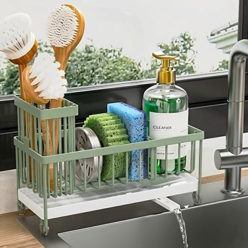 Cisily Sponge Holder for Kitchen Sink, Sink Caddy Organizer with High Brush Holder, Kitchen Countertop Organizers and Storage Essentials, Rustproof 304 Stainless Steel (Sage Green, 9.25″) - Image 1