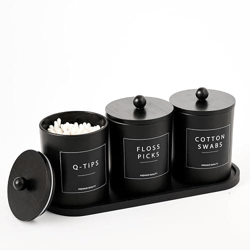 Glass Qtip Holder for Bathroom, Black Cotton Round Holder Swab Pad Dispenser with Lids, Floss Pick Holder with Bamboo Tray, Apothecary Jars with Scoop, Set of 3 - Image 1