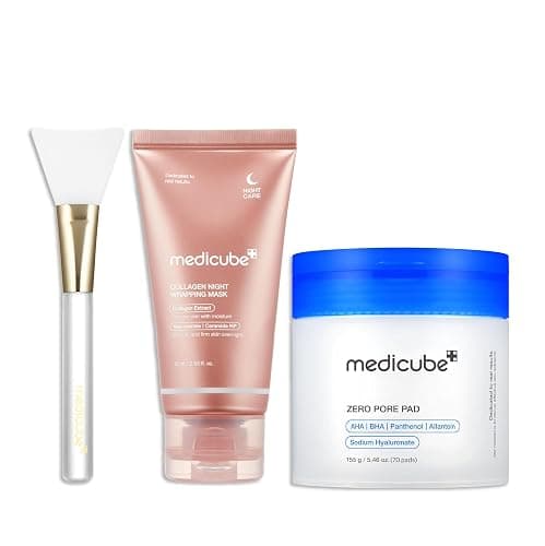 medicube Korean Viral Duo for Glass Glow Skin: Zero Pore Pads 2.0 and Collagen Overnight Wrapping Peel Off Facial Mask Pack and Jelly Brush - Image 1