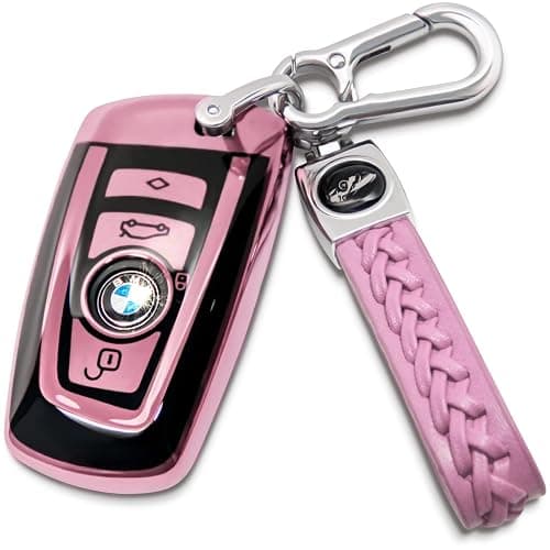 Creativity Suitable For BMW key fob cover. Advanced soft TPU key box is compatible with X1 X3 X4 X5 X6 1 2 4 5 6 7 M3 M5 M6 GT3 GT5 G30 F10 F15 F16 F20 key (Type A Pink Key Case + key chain set) - Image 1