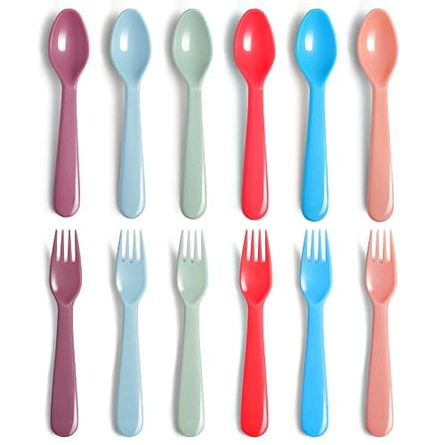 ChaLeeMoo12Pcs Plastic Kids Forks and Spoons Set, Reusable Toddler Utensils Assorted Colors Kids Silverware Set for School Lunch Box Camping Travel, Also for Adult to Use, BPA Free Dishwasher Safe - Image 1