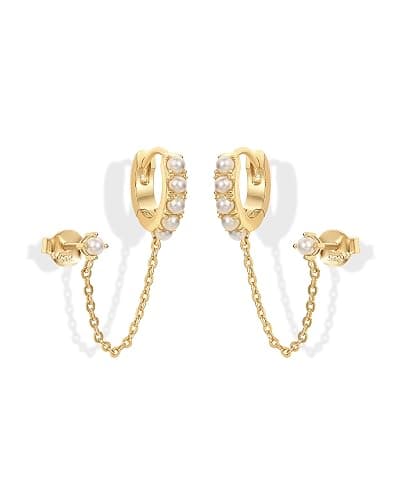 PAVOI 14K Gold Chain Earrings for Women | Double Piercing Dangle Chain Huggie Hoop Earrings | Cubic Zirconia Pearl Stud Ear Cuff Earrings for Women - Image 1