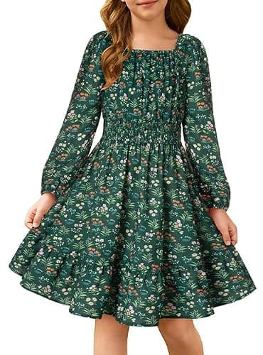 GRACE KARIN Girls Fall Dress Floral Long Sleeve Midi with Smocked Waist for Holiday Party 6-14Y - Image 1