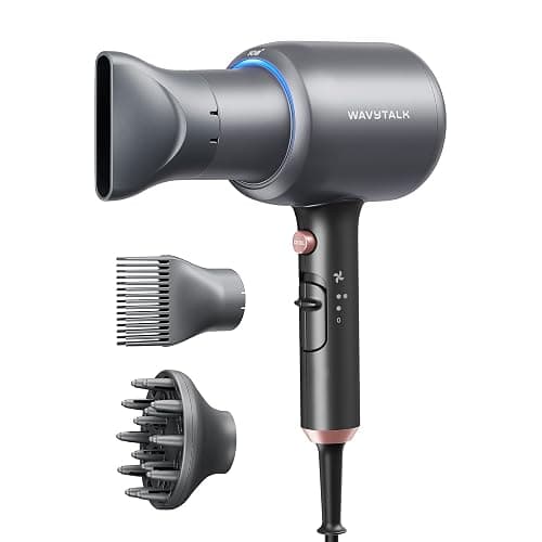 Wavytalk Blow Dryer, Blown Away Ionic Hair Dryer for Curly Hair with Diffuser, 1875W Fast Drying Blow Dryer with Ceramic Technology, 3 Attachments for All Hair Types, Light and Quiet, Grey - Elegant Metallic Grey (Comb+diffuser+nozzle) - Image 1