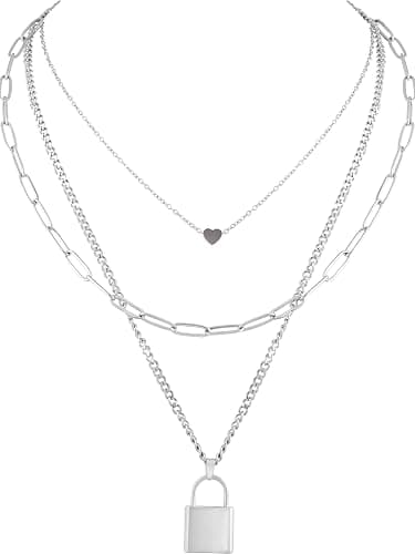 Sacina Gothic Silver-Tone, Black Layered Heart Lock Necklace, Emo Grunge Punk Necklace, Goth Jewelry, Halloween Christmas Jewelry Gift For Women - Image 1