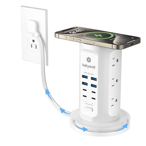 Power Strip Tower, kakyanill Surge Protector Tower 9 AC Outlets 8 USB (4 USB C), 6 Ft Retractable Extension Cord, Charging Station for Office Dorm Room, White - Image 1