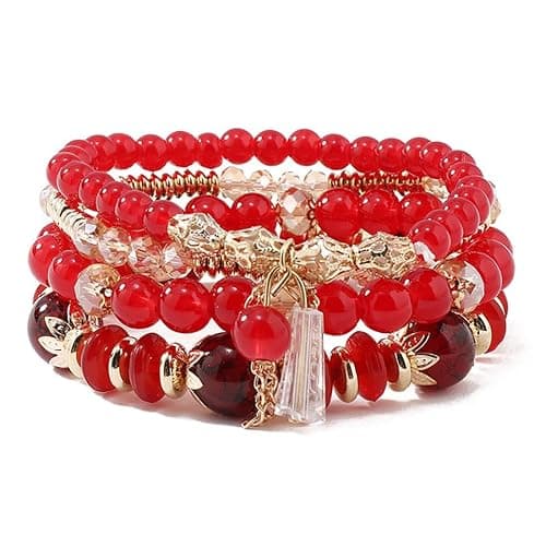 Prosy Multilayer Crystal Bead Stackable Gold Bracelet Fantasy Wristbands Handmade Hand Accessories Jewelry Adjustable for Women and Girls (Red) - Image 1
