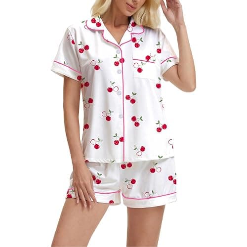 PUNINGXS Casual Women's Pajamas with Printed Short Sleeved Button Down Top and Shorts Pjs Loungewear Set - Image 1