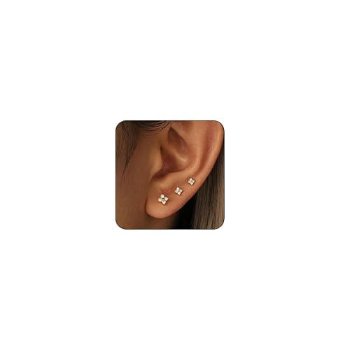 Lunvky 3 Pairs 14K Gold Plated Stud Earring Sets for Women Dainty 925 Sterling Silver Earrings for Multiple Piercing Tiny Cartilage Tragus Cute Trendy Post Earrings Stacks Jewelry Gifts - Image 1