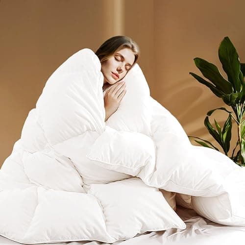 SHOUREN White Luxurious Goose Feather Down Fiber Comforter, All Season Hotel Collection Bed Comforter,Ultra Soft 100% Cotton Duvet Insert with Corner Tabs, Queen Size 90"X90" - Image 1