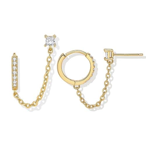 Double Piercing Chain Earrings for Women 18K Gold Plated S925 Sterling Silver Dangle Chain Huggie Hoop Earrings with Cubic Zirconia Stones Simulated CZ Stud Earrings - Image 1