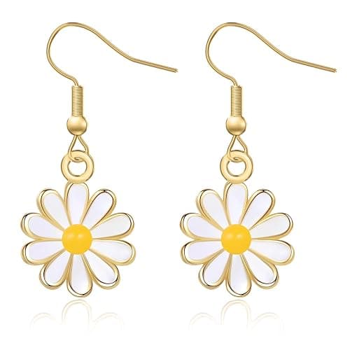 Daisy Earrings for Women, Cute White Flower Dangle Drop Earrings, Floral Bohemian Enamel Daisy Jewelry, Small Flower Hook Earrings, Gift for Wife Girls Teens - Image 1