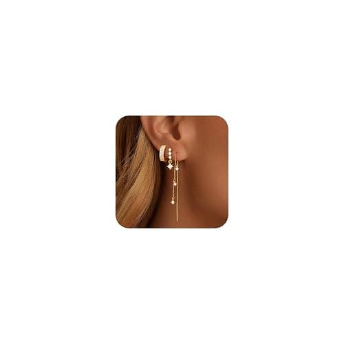 NECOCY Christmas Gift 14K Gold Plated Chain Earrings for Women 3/4 Pairs Dangle Dainty Stack Hoop Earrings Set Trendy Cubic Zirconia Stud Earrings for Women Jewelry - Image 1