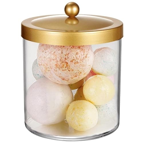 SheeChung 50 Ounce Large Clear Apothecary Jar with Gold Rust-Proof Lid - Shatterproof Plastic Storage Canister - Modern Luxury Bathroom Vanity & Laundry Room Organizer for Pods, Bath Salts - Image 1