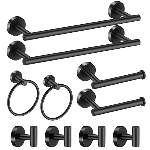 Hinmood Bathroom Hardware Set Black 10 Pieces, Towel Bar Set Matte Black Stainless Steel Towel Rack Set Includes 2PCS 16'' Towel bar, 4PCS Towel Hooks, 2PCS Toilet Paper Holder and 2PCS Towel Ring - Black-10pcs-16inch - Image 1