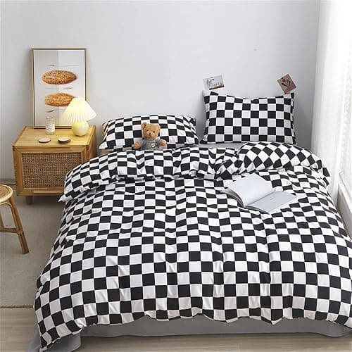 Wellboo Black White Plaid Comforter Sets Queen Women Men Black and White Checkerboard Grid Bedding Comforters Cotton Boys Girls Modern Checkered Geometric Quilts Luxury Abstract White Bedding - Image 1