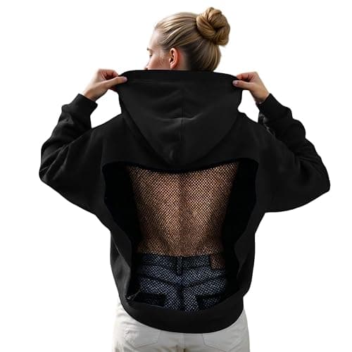 Womens Backless Mesh Hoodie Oversized Hollow Casual Long Sleeve Y2K Sweatshirt Streetwear Trendy Casual Loose Long Sleeve Crewneck Pullover Comfy Fall Cloth Ladies - Image 1
