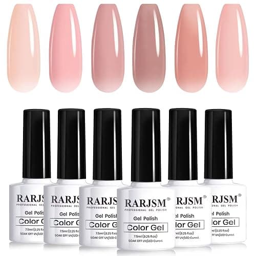 RARJSM Nude Gel Polish Set Jelly Pink Collection of 6 Transparent Natural Colors Sheer Pink Milky Mavue Purple Light Brown French Manicure LED UV Gel Nail Polish Soak Off Curing Requires Home Salon - Image 1