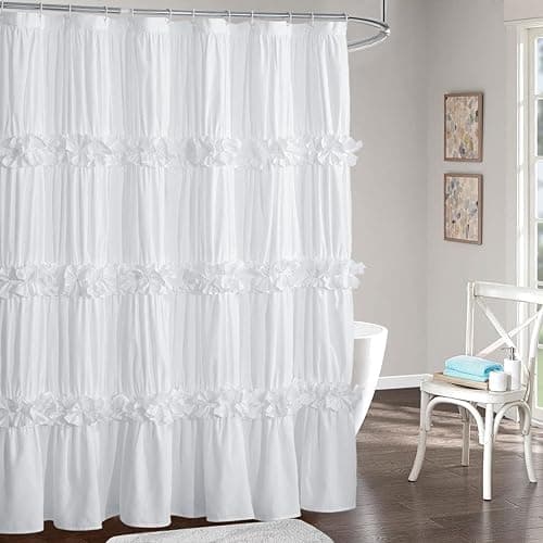 Homechoice Decor Victorian Ruffle Shower Curtain, 72" W x 72" H, White | Vintage Handcrafted Bow Tie Bath Curtain for Master Bathroom, Ruched Microfiber Bathroom Curtain with 12 Buttonholes (LQ-10) - Image 1