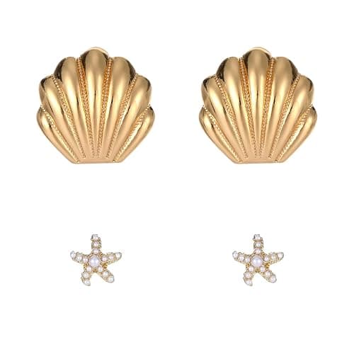 2 Pairs Gold Seashell Earrings and Gold Starfish Earrings for women, Mermaid Beach Summer Chunky Gold Stud Earrings, Mermaid Vintage Boho Beach Vacation Jewelry Gifts - Image 1