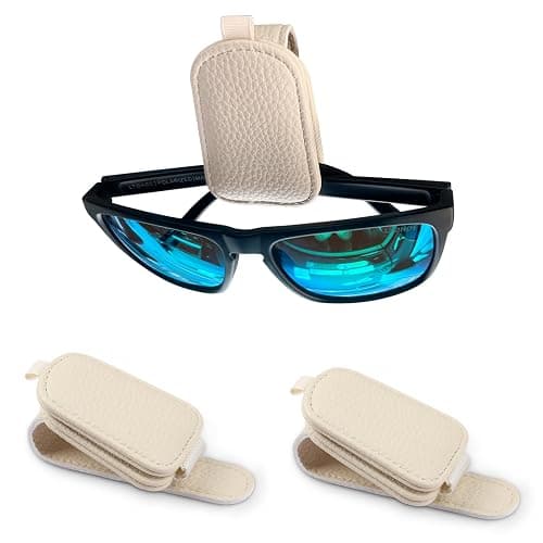 LTOHOE 2 Pack Sunglass Holder for Car, Magnetic Leather Sunglasses Holder and Ticket Card Clip, Universal for Different Size Glasses, Car Visor Accessories(Beige) - Image 1