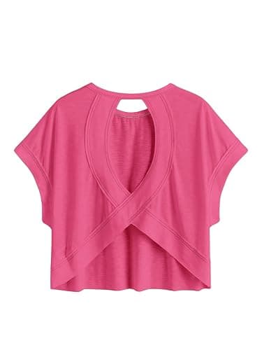 SOLY HUX 2024 Open Back Tops for Women Criss Cross Cut Out Tee Backless Casual Short Sleeve Round Neck T Shirt - X-Small - Plain Hotpink - Image 1