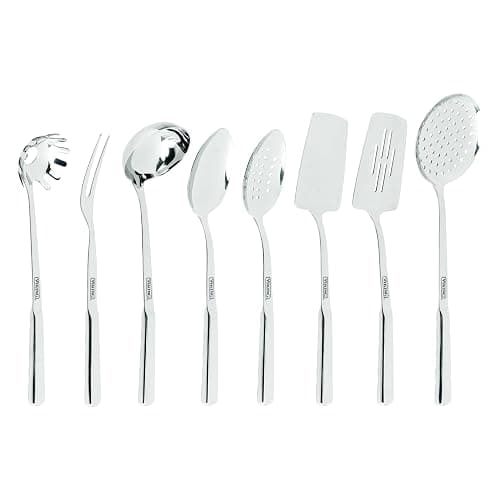 Viking Kitchen Utensils Set, 8 Piece Stainless Steel Cooking Utensil Set, Includes Spatulas, Spoons, Pasta Fork, Deep Ladle, Meat Fork, and Skimmer, Silver - Image 1