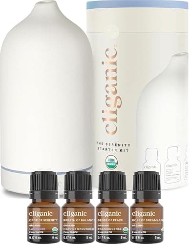 Cliganic Serenity Essential Oils Diffuser Set – Aromatherapy Humidifier with LED for Home, Office & Bedroom Includes Frankincense, Lavender, Grounded & Sleep Essential Oils Kit - Image 1