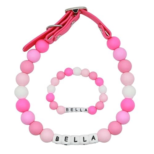 Friendship bracelet dog collar set Adjustable Beaded Name Dog Fashion Collar For Small Medium And Large Dogs Bead Silicone Dog Necklace Handmade Girl Boy Bling Fancy Female Cats Pretty Pearls Perla Cute Rinbow Heavy Duty (Pink Shades) - Image 1