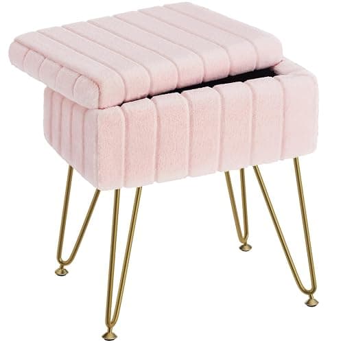 Greenstell Vanity Stool Chair Faux Fur with Storage, 15.7"L x 11.8"W x 19.4"H Soft Ottoman 4 Metal Legs with Anti-Slip Feet, Furry Padded Seat, Modern Multifunctional Chairs for Makeup, Bedroom Pink - Image 1
