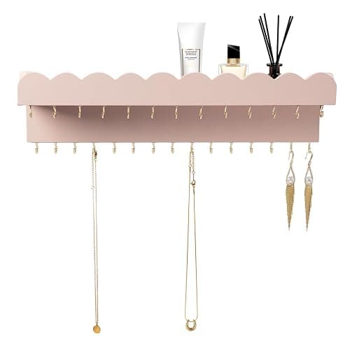 Lampaggio Wall Mount Jewelry Organizer with 28 Hooks and Cosmetics Shelf, Modern Wood Hanging Jewelry Holder for Necklaces, Bracelets, Earrings and Rings, Pink - Image 1