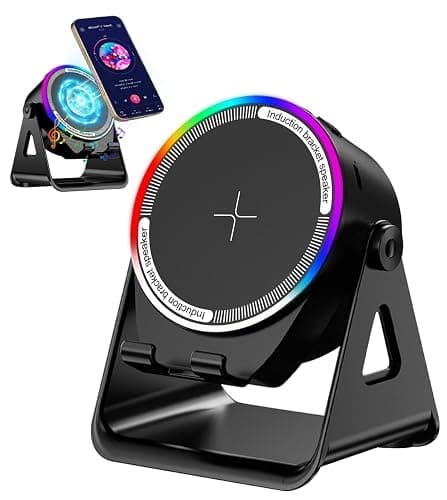 NIIFAWH Bluetooth Speaker, 4-in-1 Wireless Induction Speaker & RGB Light Stand Multi-Functional Phone Stand Instant-Connect Stereo Sound, 360° Adjustable Holder for iPhone/Android/iPad/Samsung (Black) - Image 1